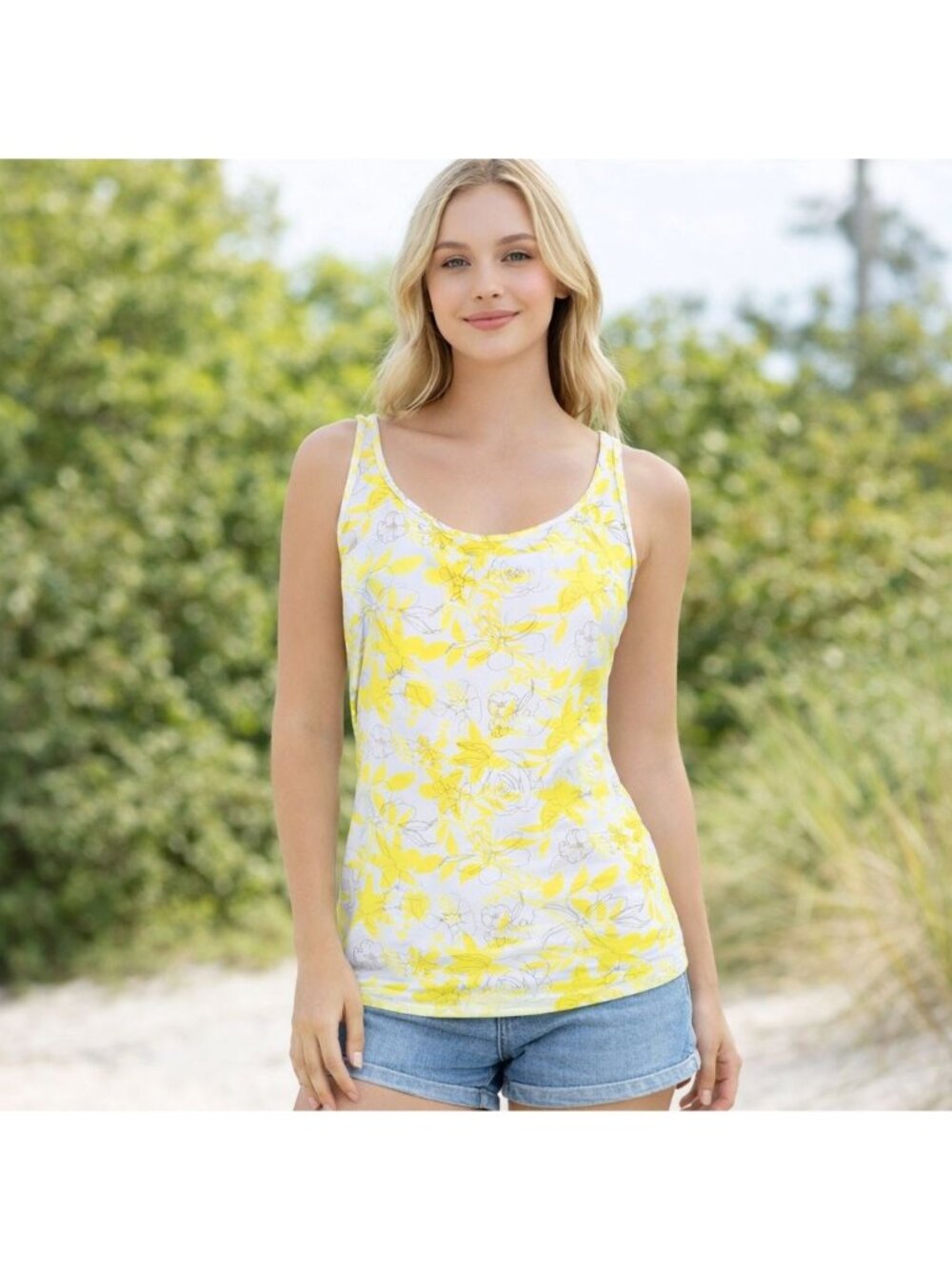 Duluth Shirt Tank Top Pullover Womens M Fitted Shirt Stretch Floral Yellow White